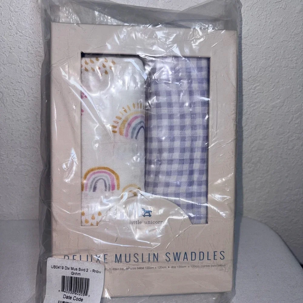 Little Unicorn Deluxe Muslin Swaddles 47x47 Multi NEW Rainbow Gingham 2pk UB0419